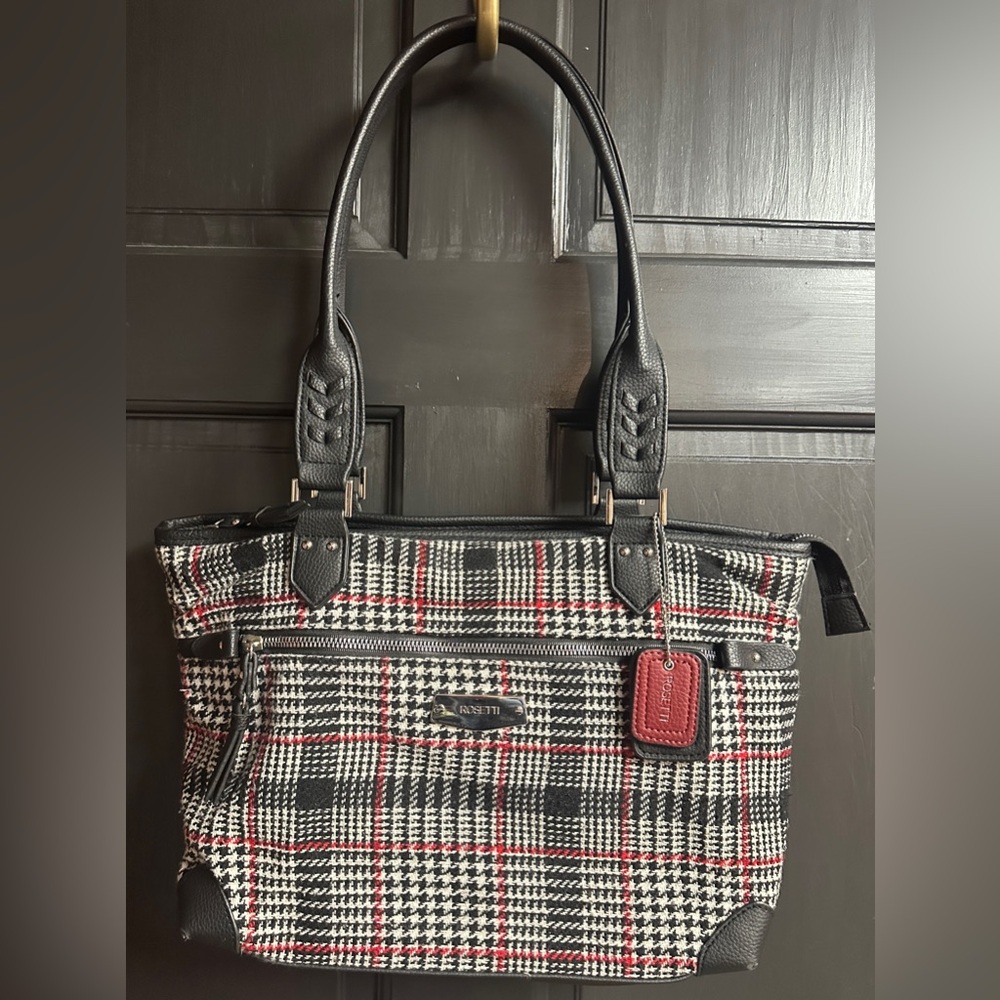 Rosetti Double Handle Shoulder Bag Faux Leather & Red, Ivory, Black Wool Plaid